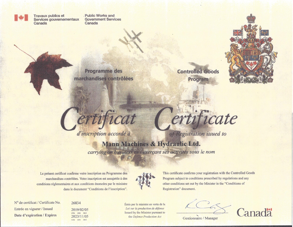 CERTIFICATE OF CONTROLLED GOODS